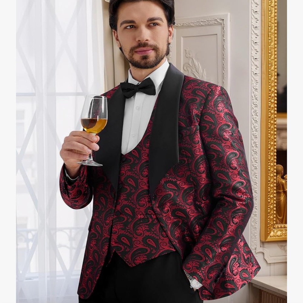 MAGE MALE Men's Paisley Tuxedo Blazer in Red and Black Dinner Prom Wedding L